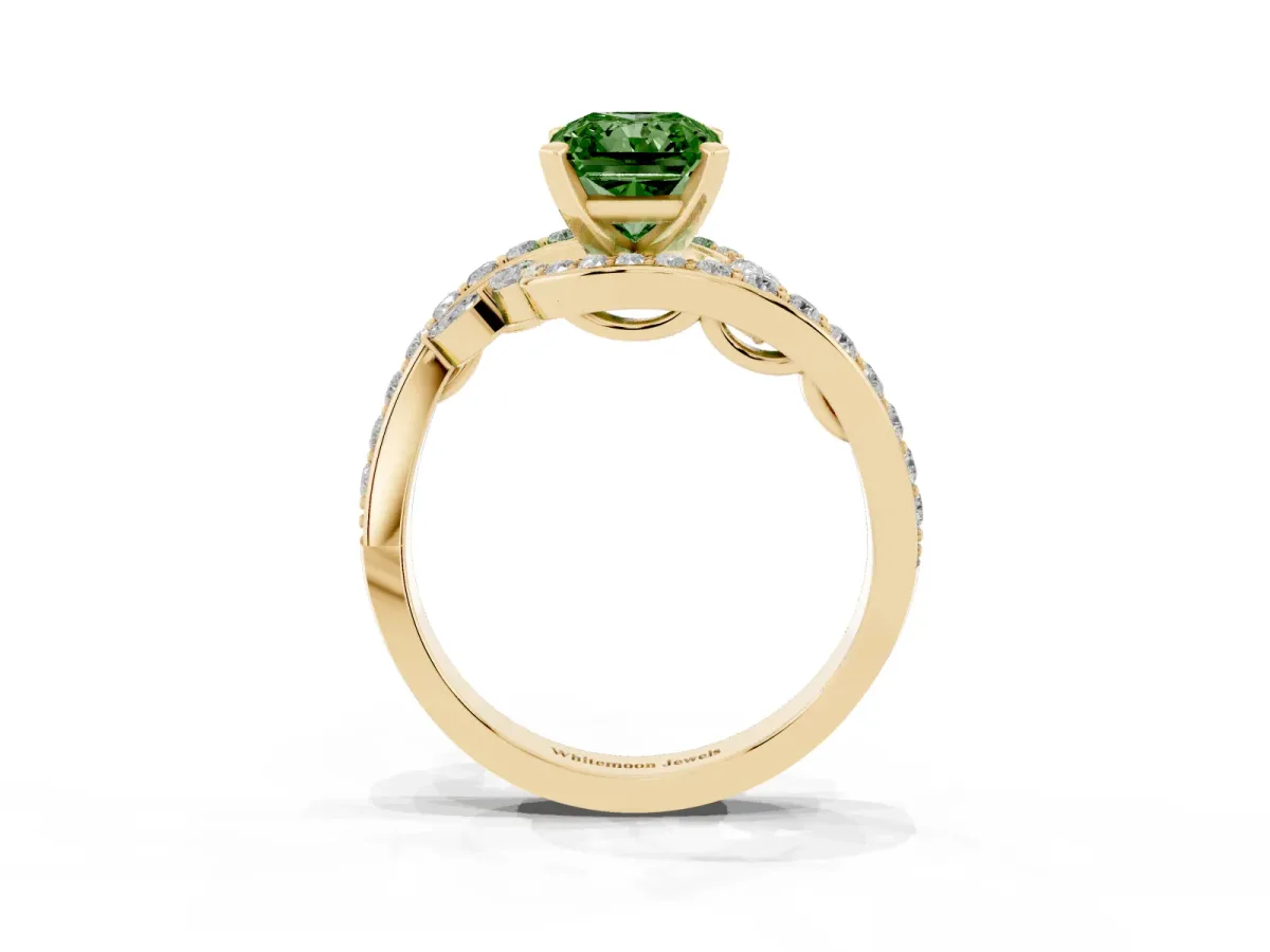 Fancy Green Radiant Cut Solitaire with Pavé Twist Band and Four-Prong Setting Yellow gold