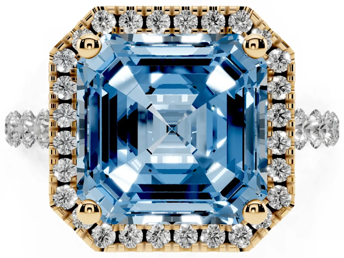 Fancy Blue Asscher Cut Halo Pavé Diamond Engagement Ring with Four-Prong Setting Yellow gold