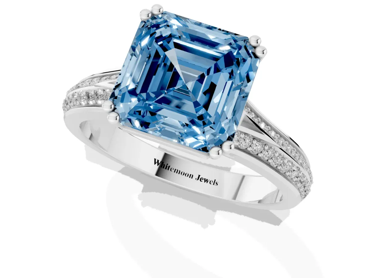 Fancy Blue Asscher Cut Diamond Split Shank Engagement Ring with Pavé Band Silver