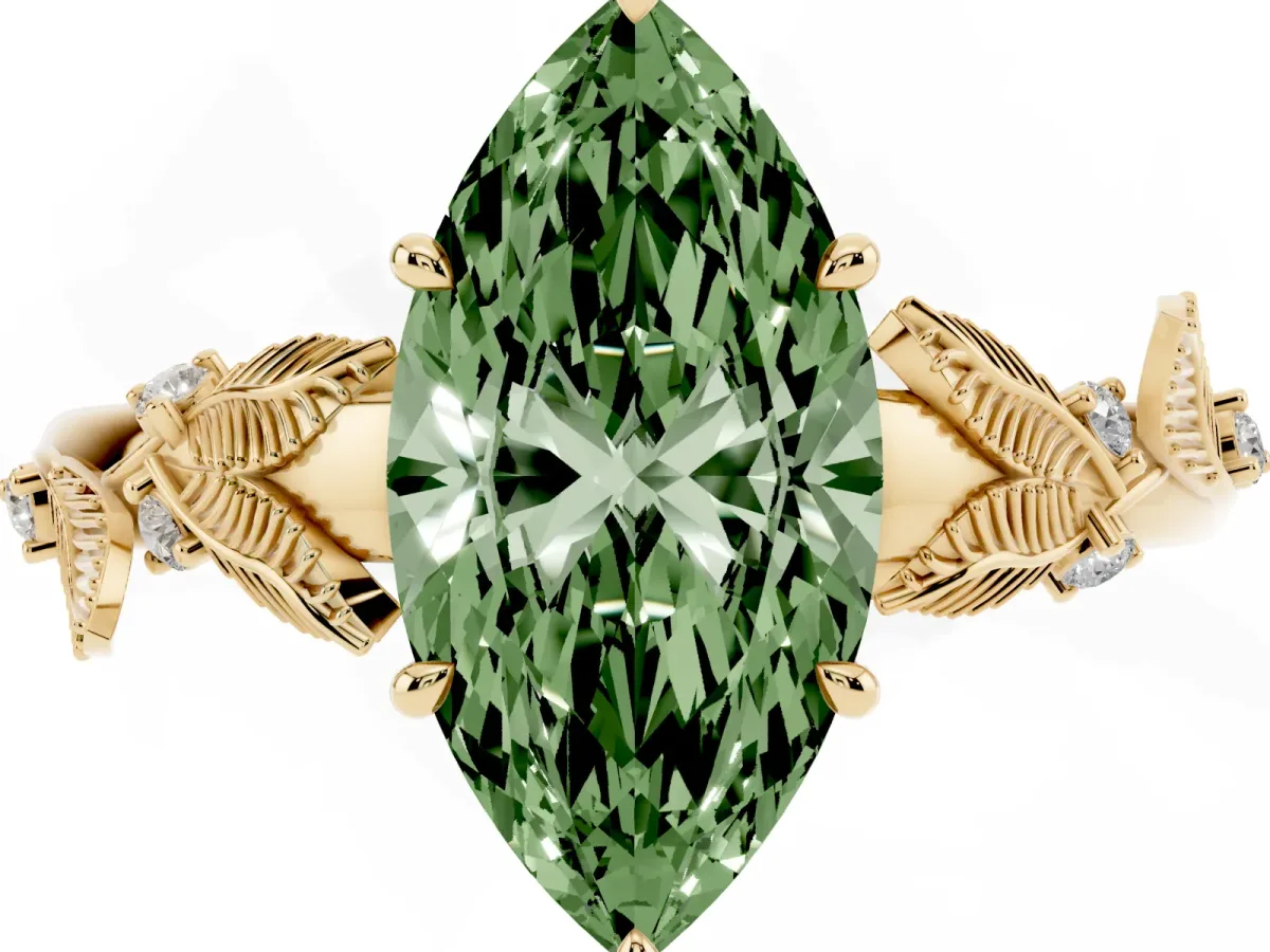 Fancy Green Marquise Cut Diamond Solitaire Ring with Leaf Motif Band and Four-Prong Setting Yellow gold