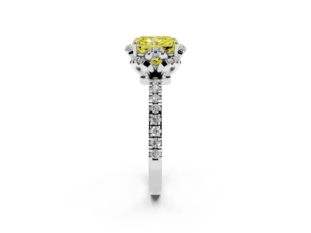 Fancy Yellow Radiant Cut Halo Diamond Pave Band Ring with Four-Prong Setting Silver