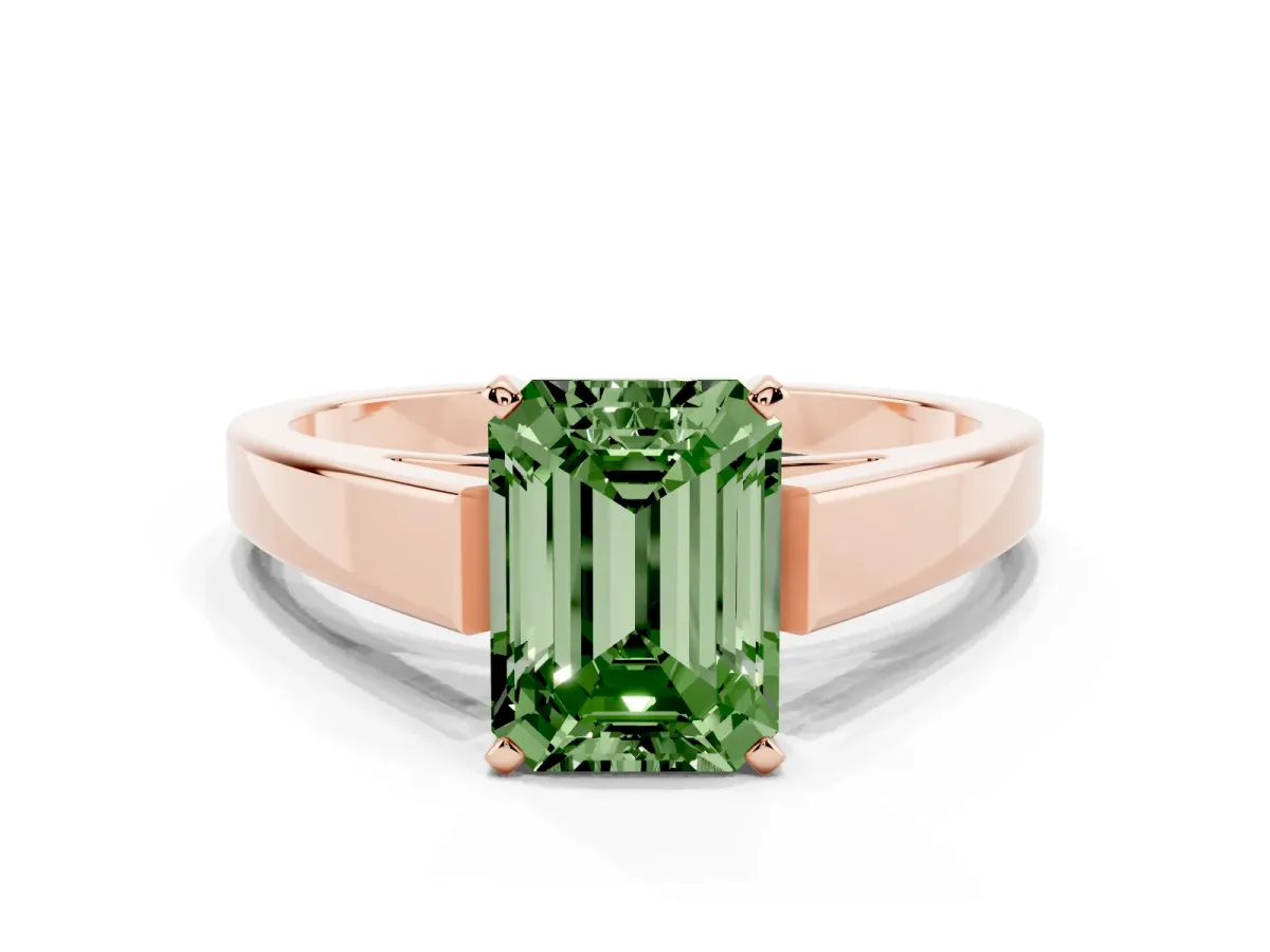 Fancy Green Emerald Cut Solitaire Engagement Ring with Four-Prong Setting and Tapered Band Rose gold