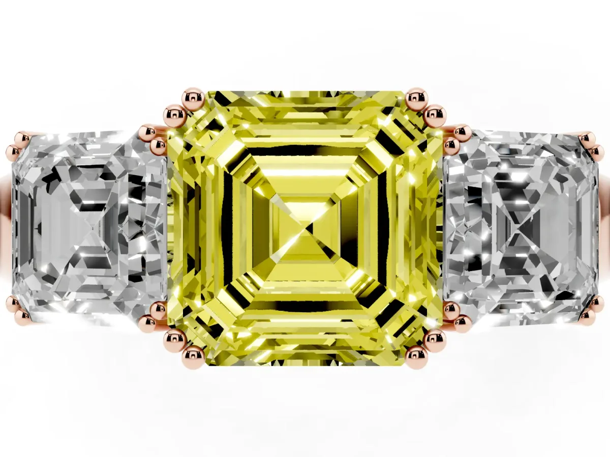 Fancy Yellow Three-Stone Asscher Cut Cut Diamond Ring with Channel Set Band and Four-Prong Setting Rose gold