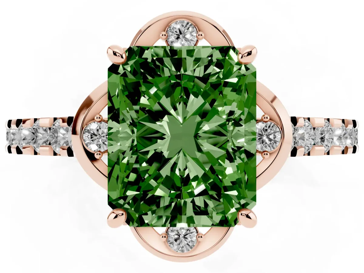 Fancy Green Radiant Cut Diamond Ring with Pavé Band and Floral Prong Setting Rose gold