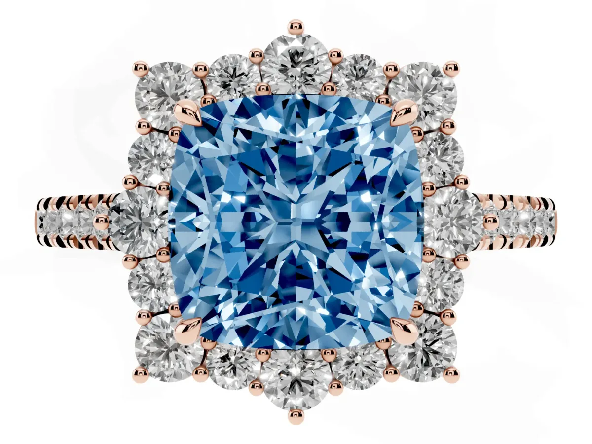 Fancy Blue Cushion Cut Halo Diamond Ring with Pavé Band and Prong Setting Rose gold