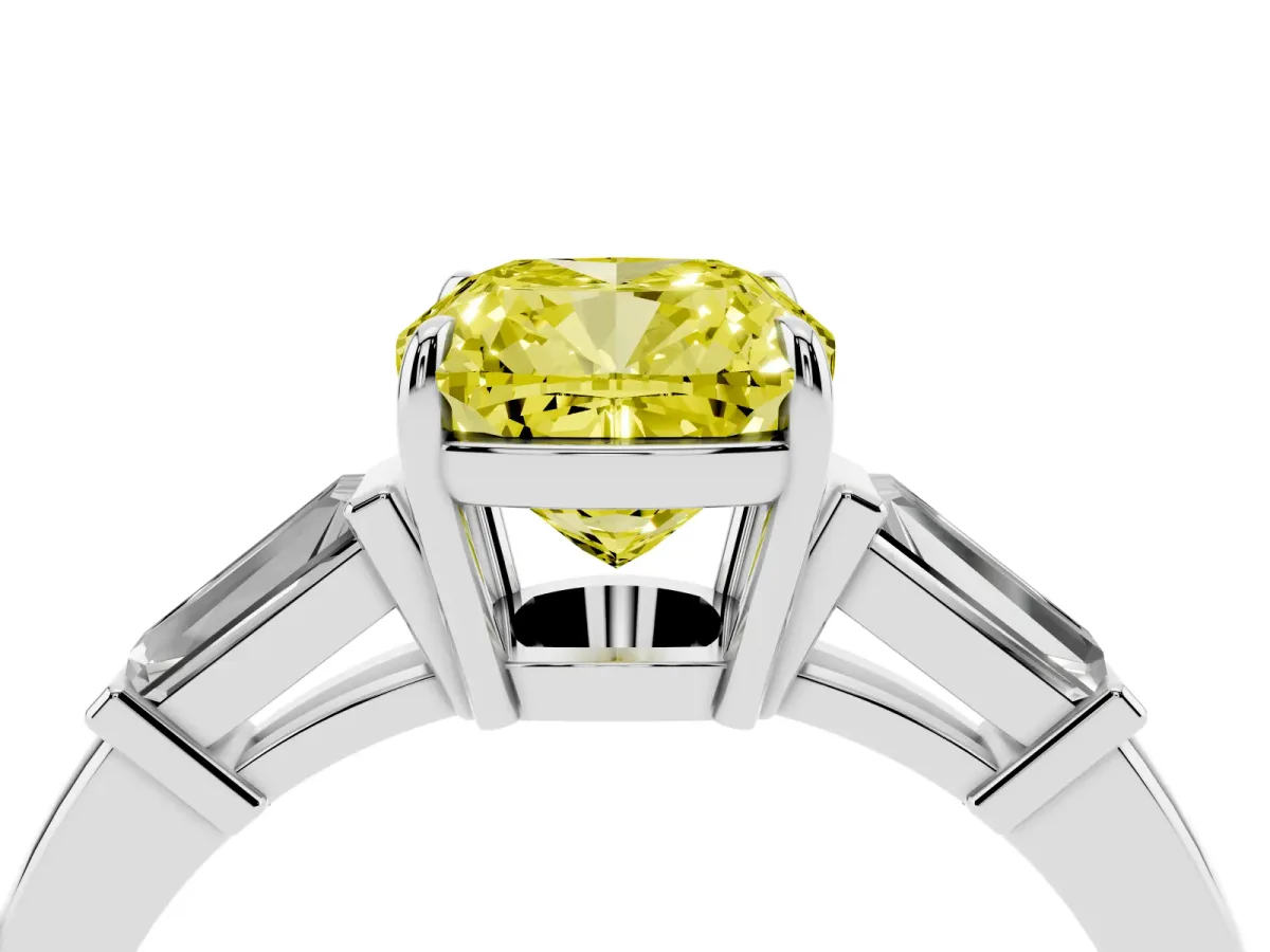 Fancy Yellow Cushion Cut Diamond Three-Stone Ring with Tapered Baguette Side Stones and Prong Setting Silver