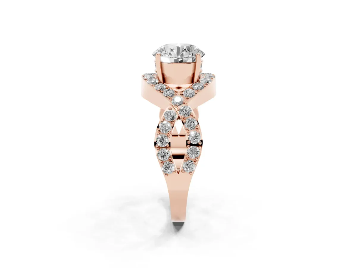 Round Cut Solitaire Twist Band Pavé Diamond Engagement Ring Rose gold
