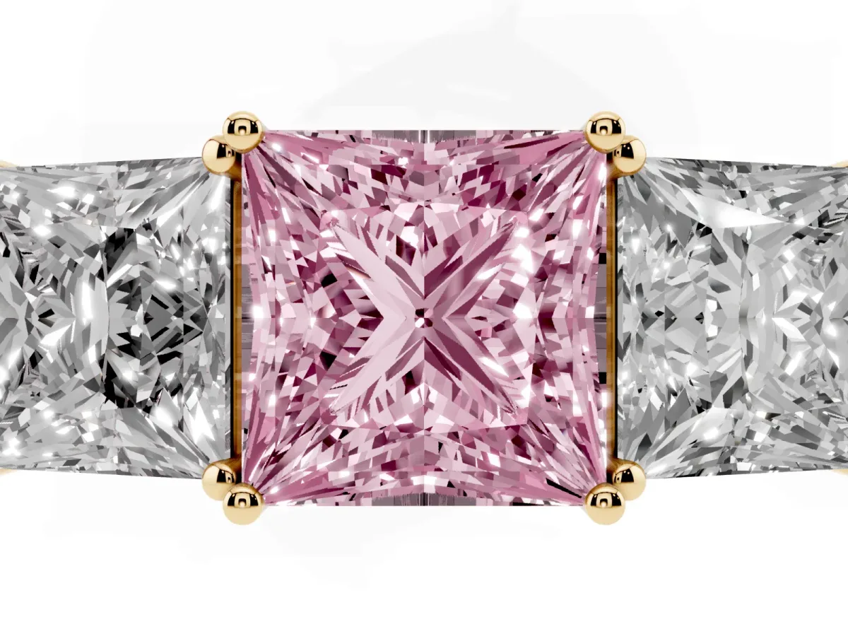 Fancy Pink Princess Cut Diamond Three-Stone Ring with Prong Setting and Textured Band Yellow gold