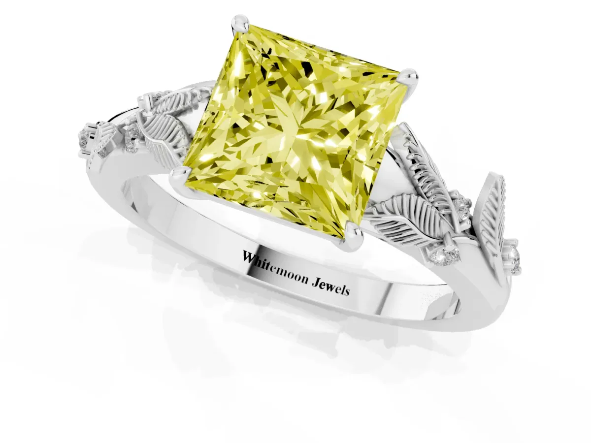 Fancy Yellow Princess Cut Diamond Solitaire Ring with Leaf Motif Band and Four-Prong Setting Silver