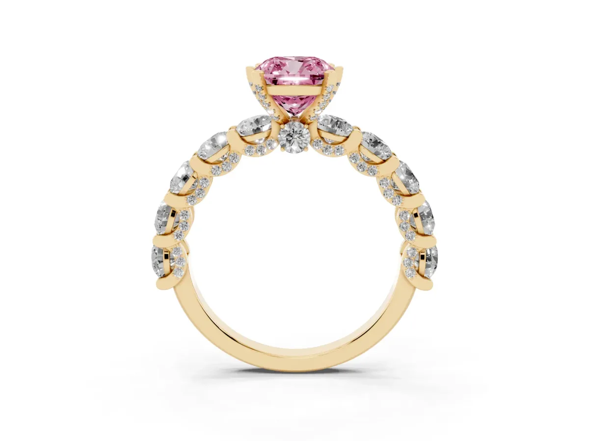 Fancy Pink Cushion Cut Diamond Side Stone Engagement Ring with Four-Prong Setting Yellow gold