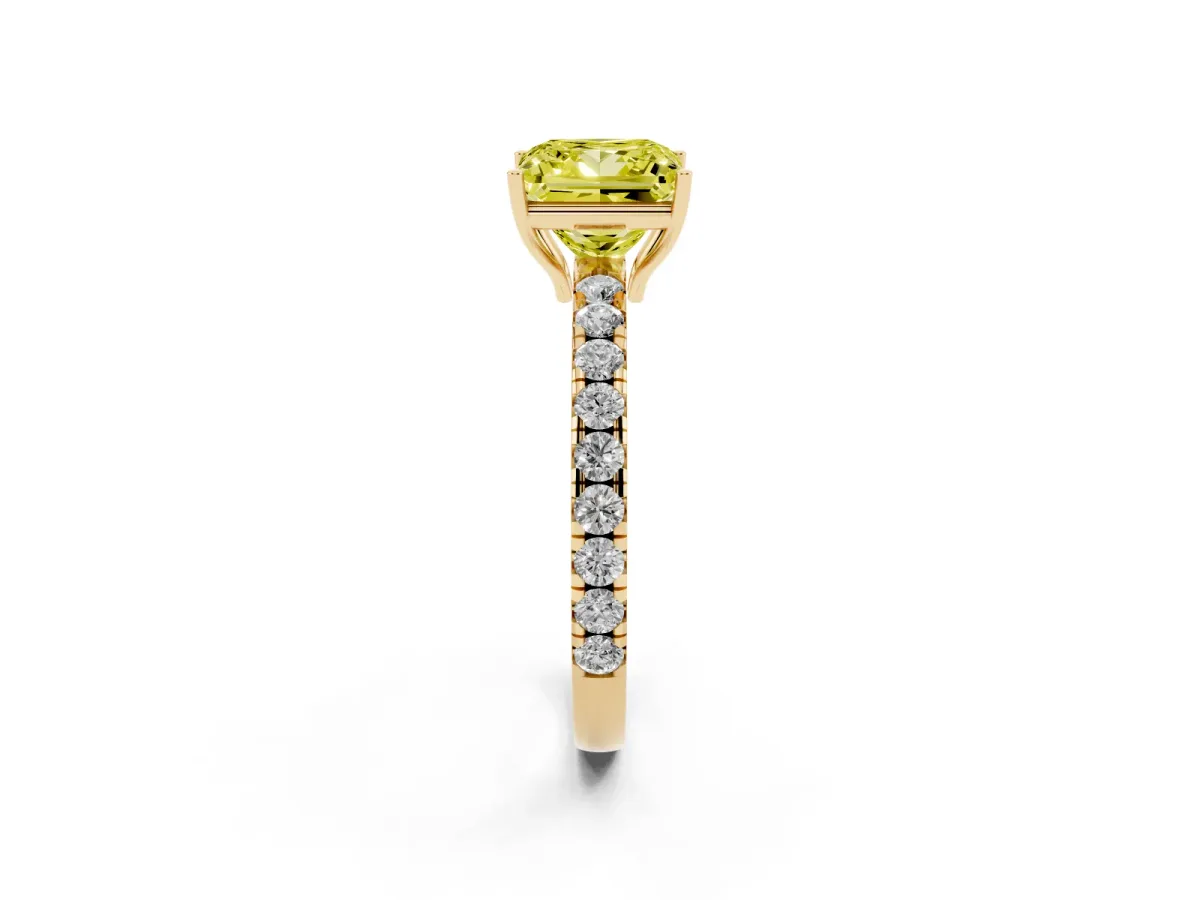 Fancy Yellow Princess Cut Diamond Pavé Solitaire Engagement Ring with Four-Prong Setting Yellow gold