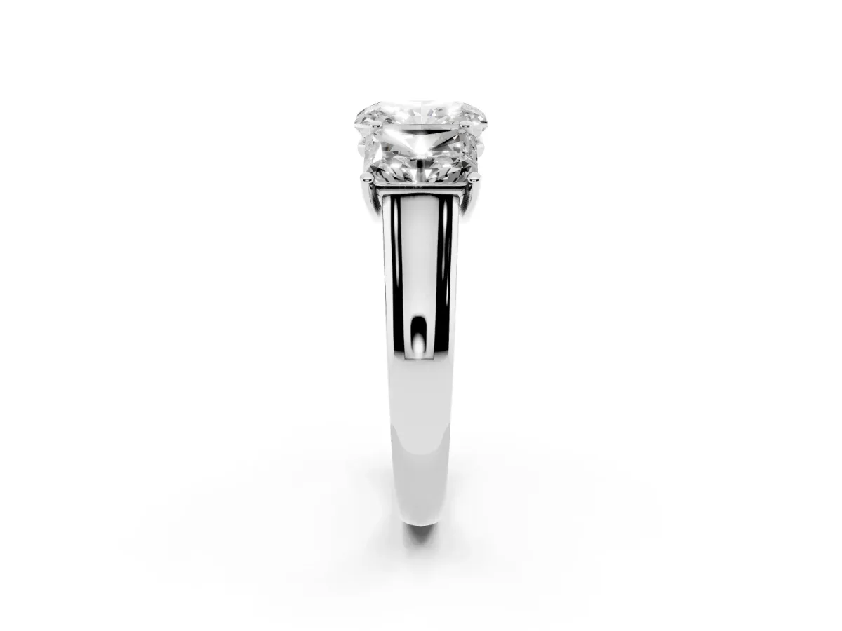 Radiant Cut Three-Stone Diamond Ring with Prong Setting on a Classic Band Silver