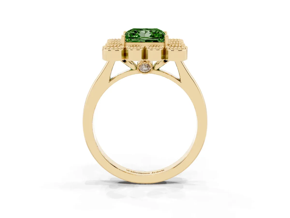 Fancy Green Princess Cut Halo Diamond Cluster Engagement Ring with Milgrain Bezel Setting and Solitaire Band Yellow gold