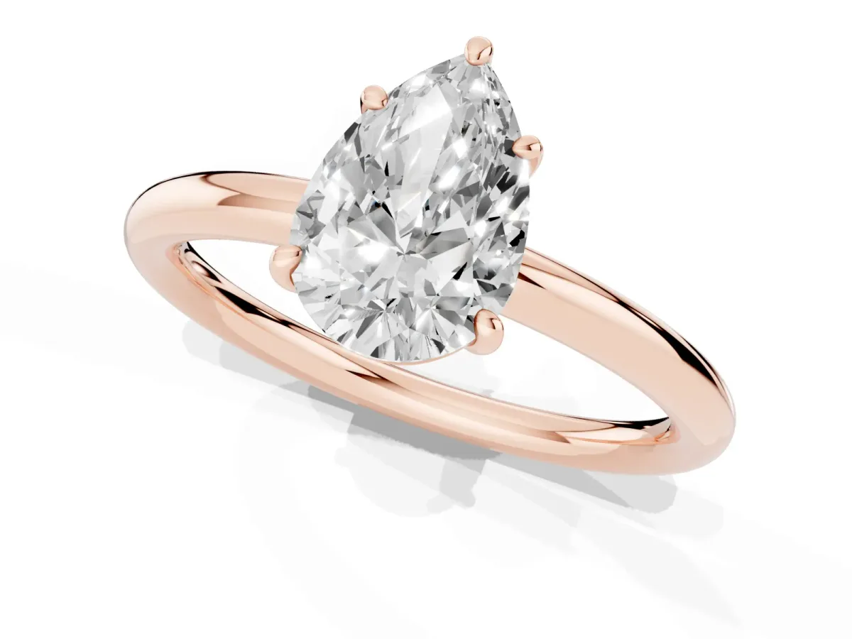 Pear Cut Solitaire Diamond Ring with Four-Prong Setting on a Plain Band Rose gold