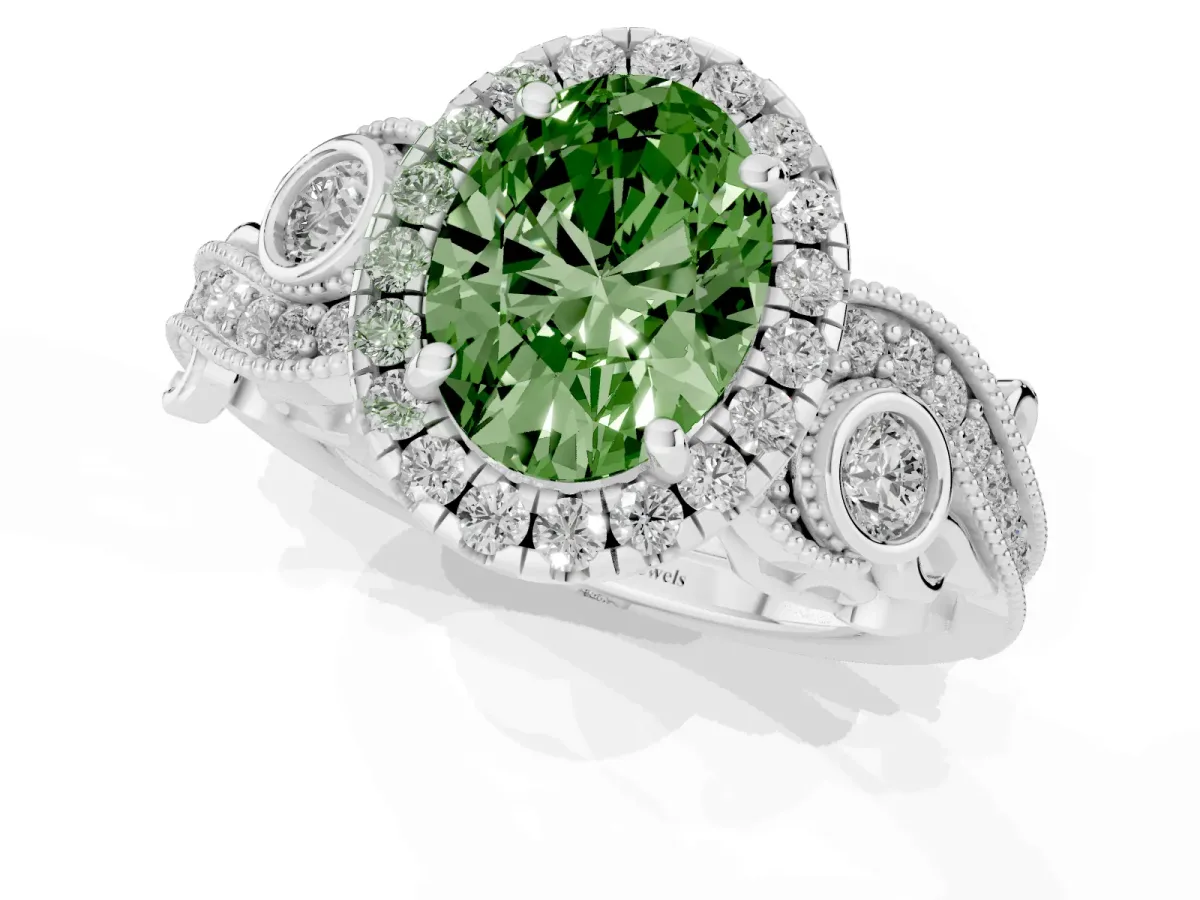 Fancy Green Oval Cut Diamond Halo Ring with Milgrain Pavé Band and Four-Prong Setting White gold