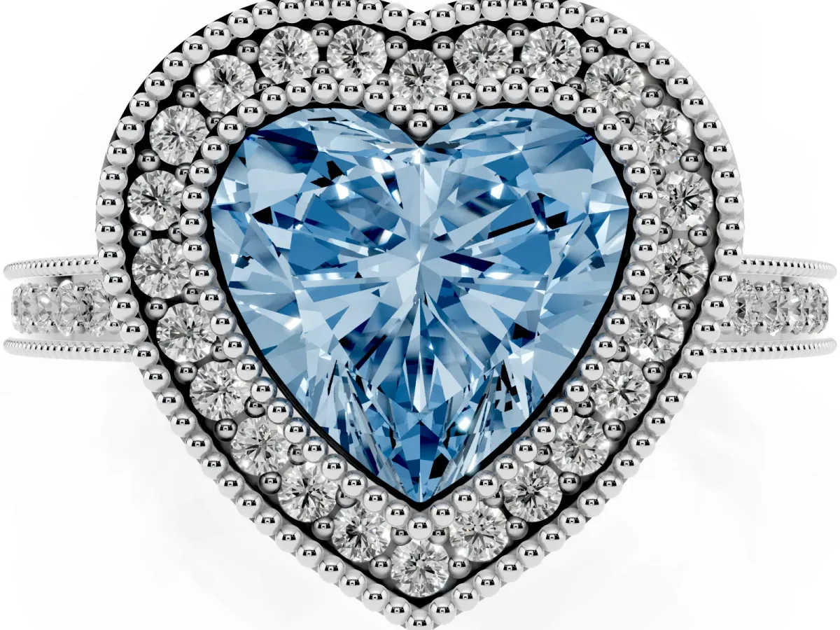 Fancy Blue Heart Cut Cut Halo Diamond Ring with Pavé Band and Milgrain Prong Setting Platinum