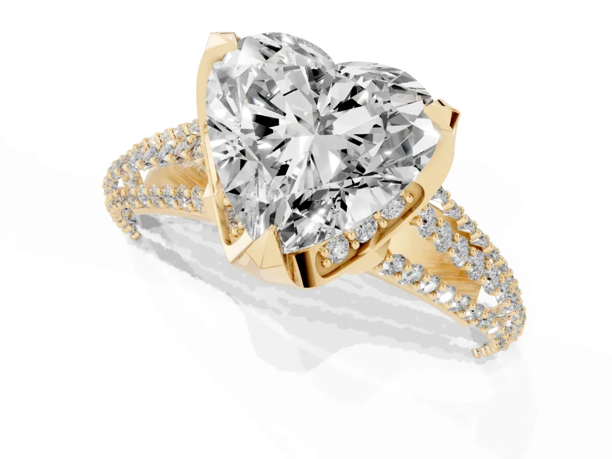 Heart Cut Solitaire Pave Split Shank Ring with Four-Prong Setting Yellow gold