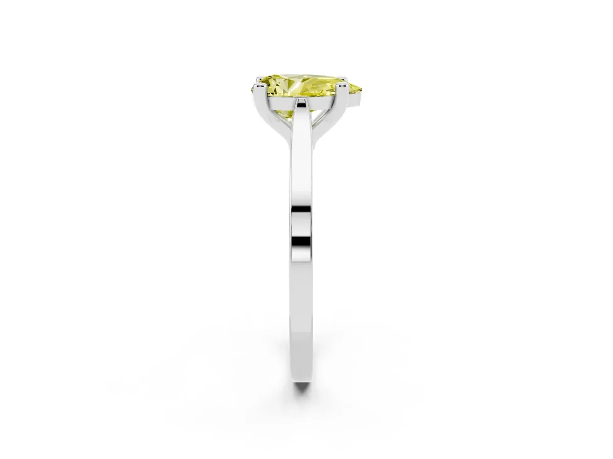Fancy Yellow Pear Cut Solitaire Diamond Ring with Four-Prong Setting and Tapered Band White gold