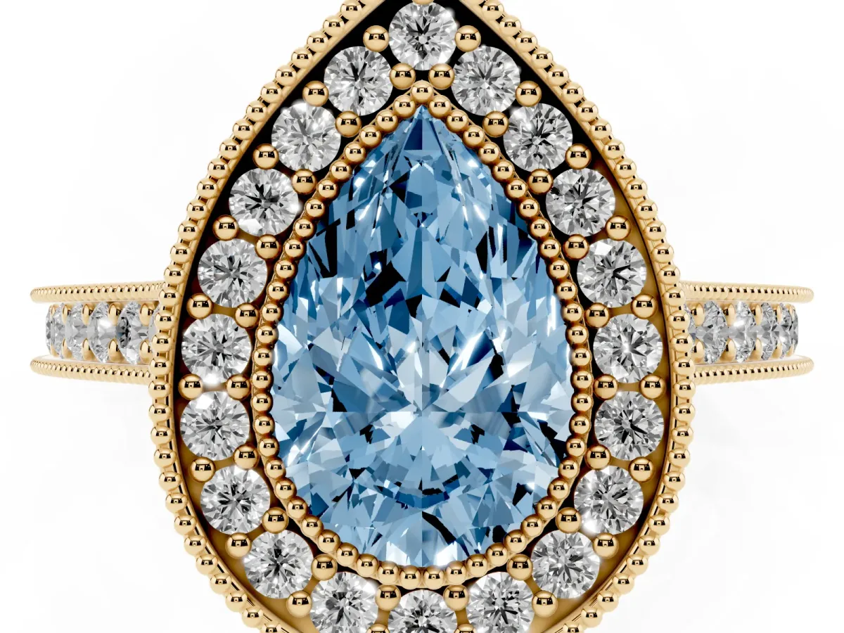 Fancy Blue Halo Pear Cut-Cut Diamond Pave Band Milgrain Prong Setting Ring Yellow gold