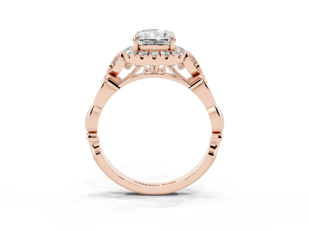 Radiant Cut Halo Diamond Engagement Ring with Vintage-Inspired Band and Four-Prong Setting Rose gold