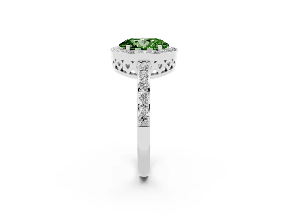 Fancy Green Oval Cut Halo Diamond Pavé Band Ring with Prong Setting Silver