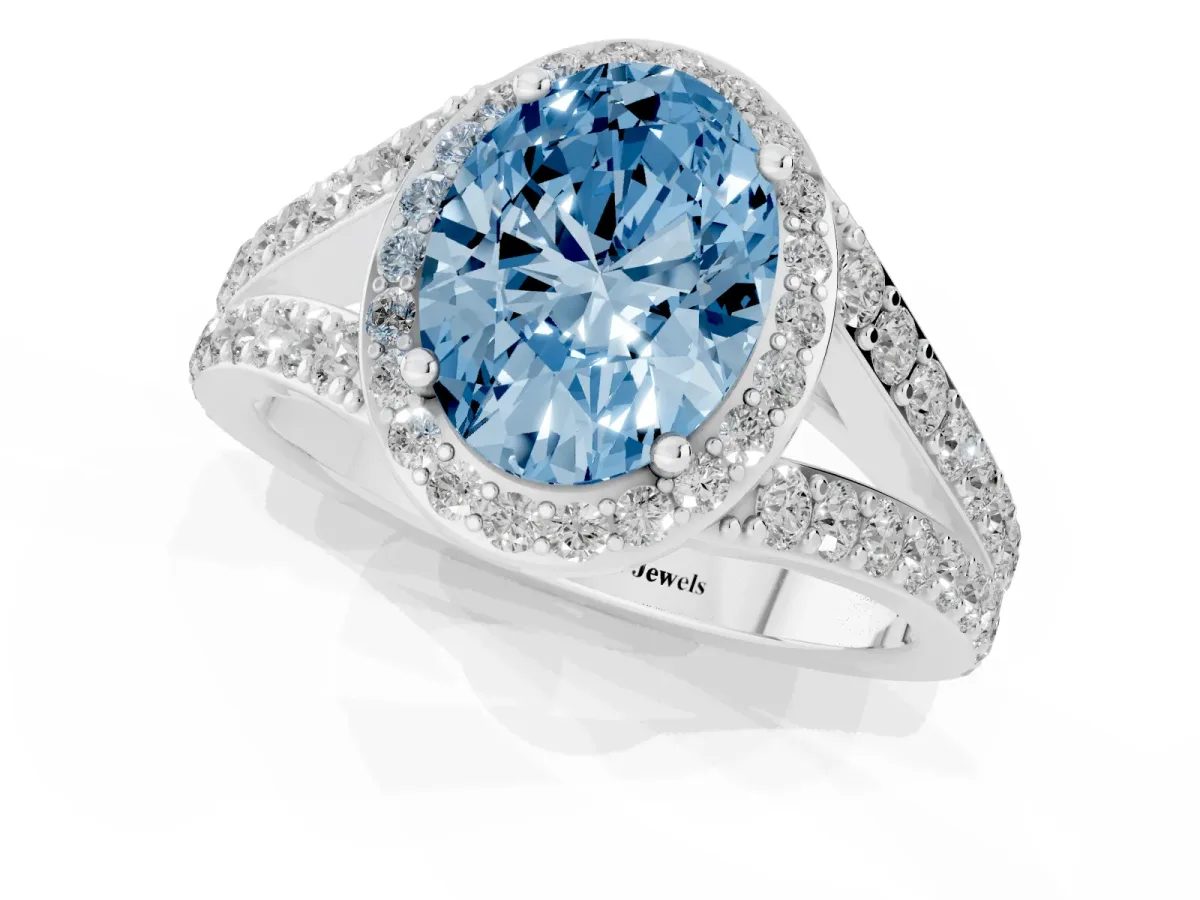 Fancy Blue Oval Cut Diamond Split Shank Halo Ring with Four-Prong Setting Silver