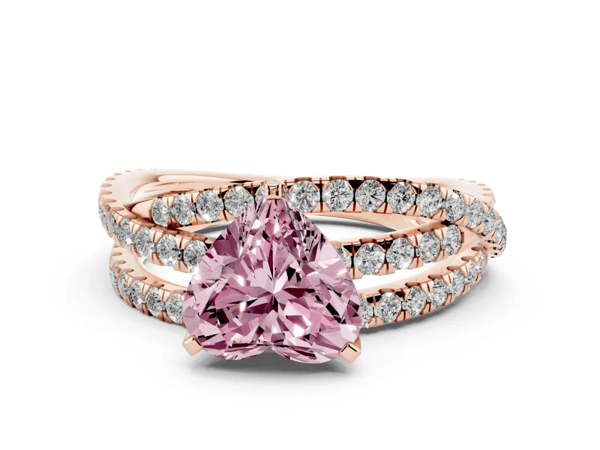 Fancy Pink Heart Cut Solitaire Twist Band with Pavé Setting and Four-Prong Setting Rose gold
