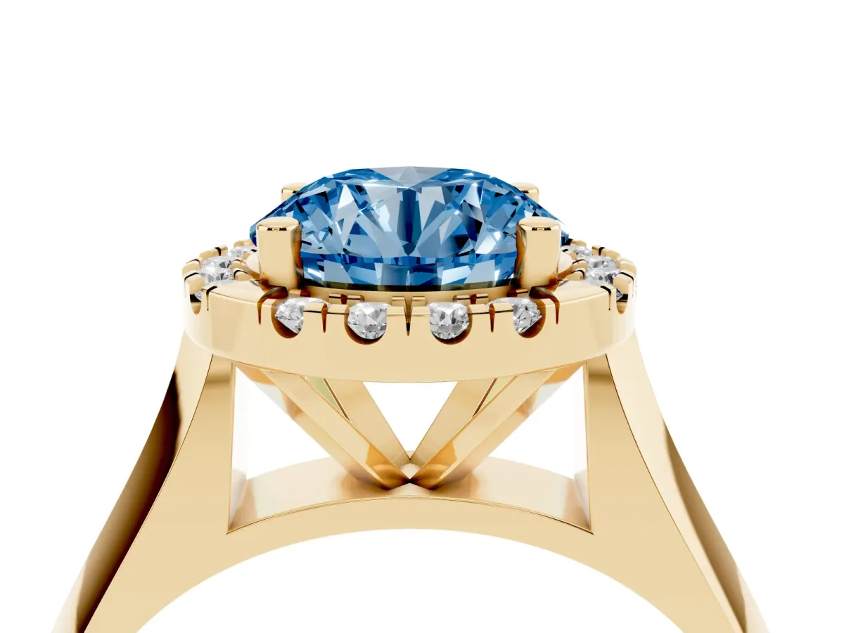 Fancy Blue Round Cut Cut Halo Solitaire Engagement Ring with Square Band and Four-Prong Setting Yellow gold