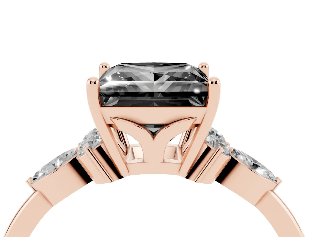 Fancy Black Princess Cut Brilliant Diamond Solitaire Ring with Pear Side Stones and Four-Prong Setting Rose gold