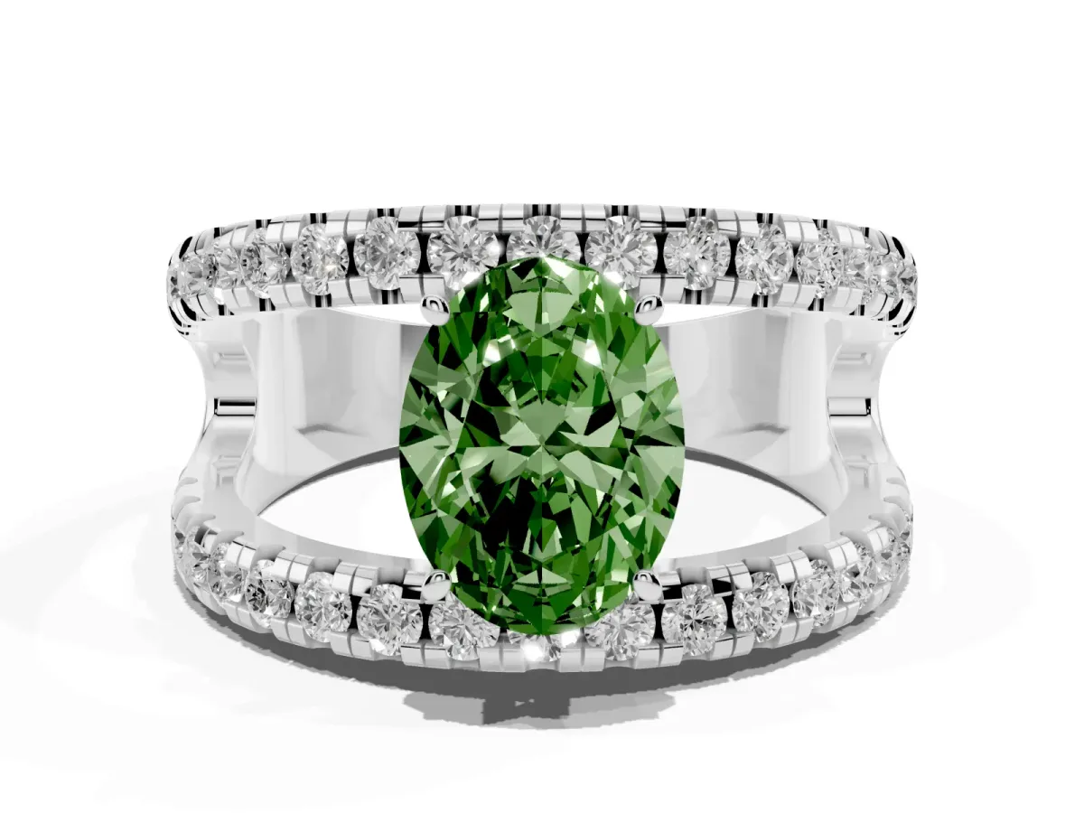 Fancy Green Oval Cut Solitaire Split Shank Pave Diamond Ring Silver
