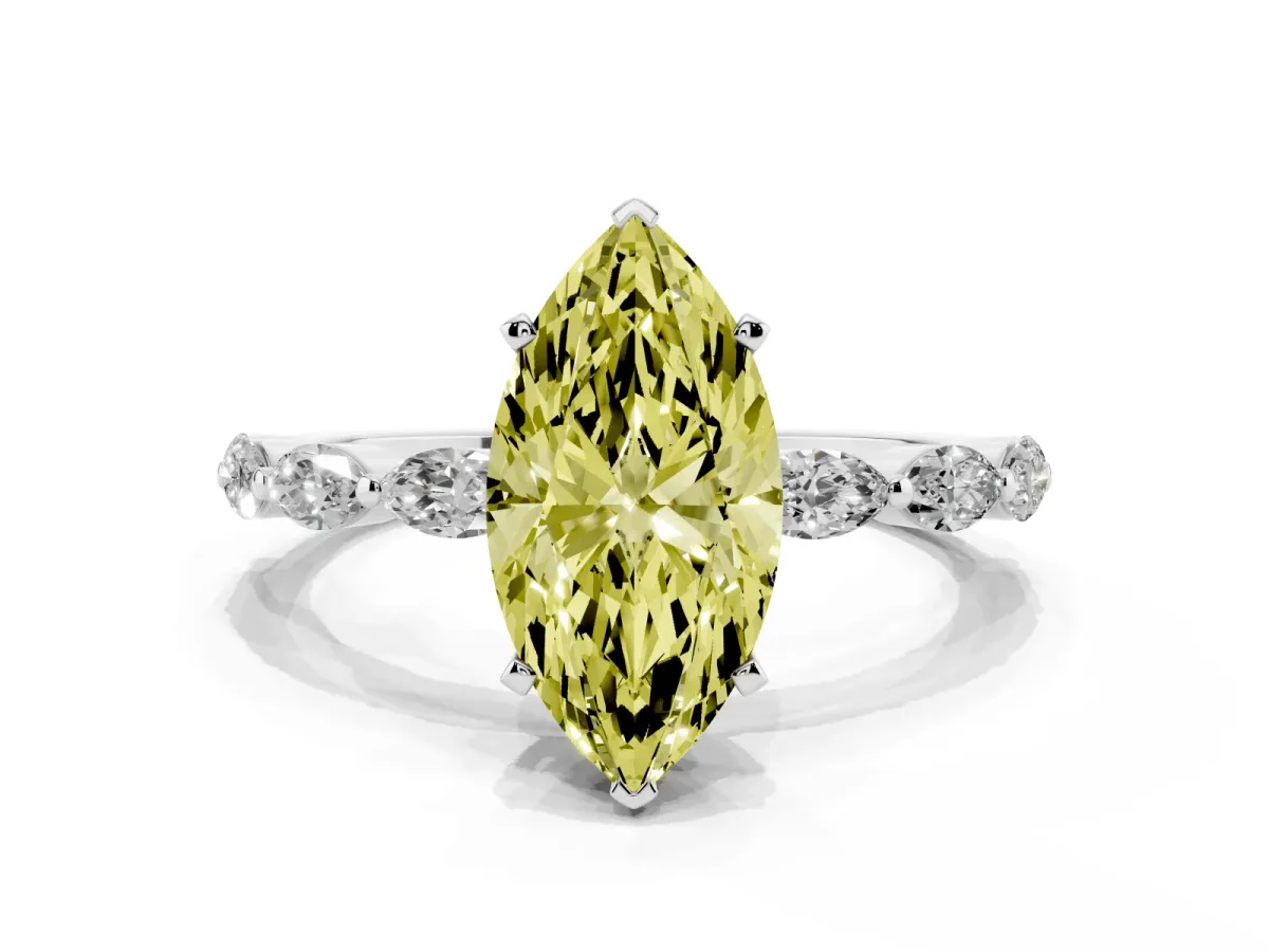 Fancy Yellow Marquise Cut Diamond Ring with Marquise Side Stones and Prong Setting Platinum