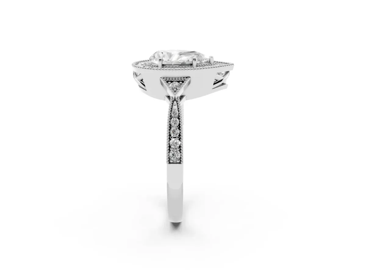 Pear Cut Halo Round Diamond Milgrain Pave Engagement Ring Silver