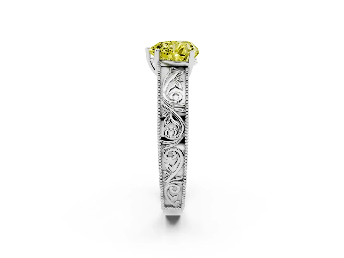 Fancy Yellow Heart Cut Diamond Solitaire Ring with Engraved Band and Four-Prong Setting White gold