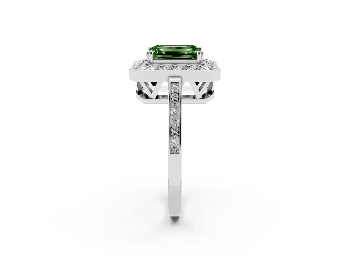 Fancy Green Emerald Cut Diamond Halo Ring with Split Shank and Four-Prong Setting Silver