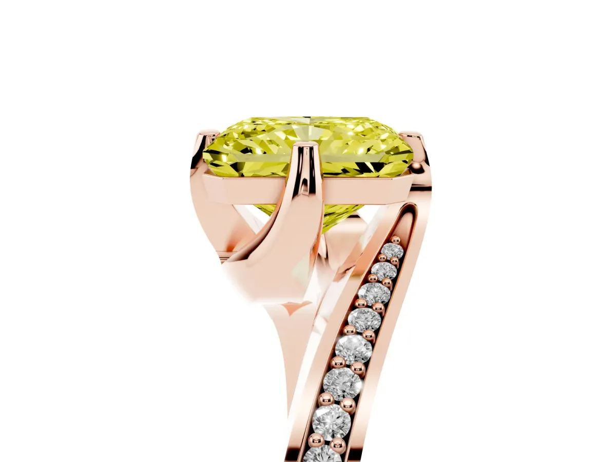 Fancy Yellow Radiant Cut Solitaire Diamond Twist Band with Pavé Setting and Four-Prong Setting Rose gold