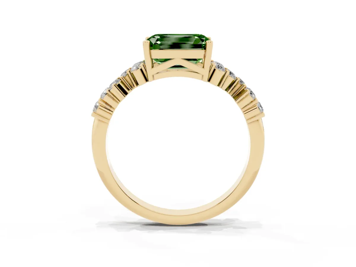 Fancy Green Emerald Cut Diamond Scattered Round Accent Ring with Prong Setting Yellow gold