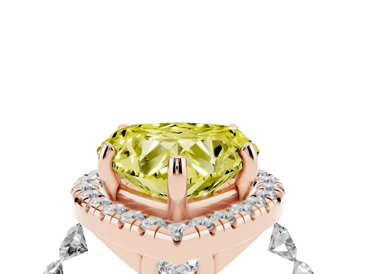 Fancy Yellow Heart Cut Halo Pavé Diamond Engagement Ring with Four-Prong Setting Rose gold