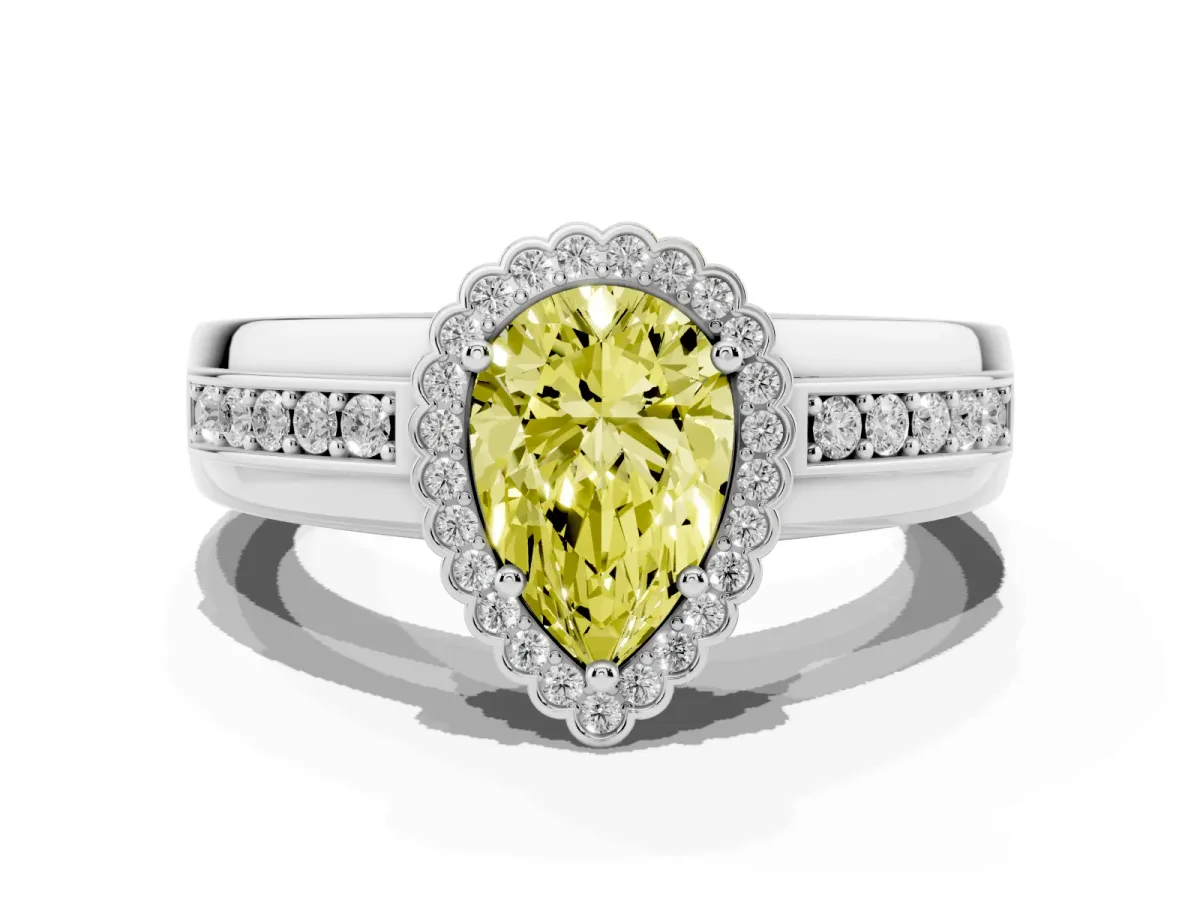 Fancy Yellow Pear Cut Cut Halo Pave Band Four-Prong Ring Platinum