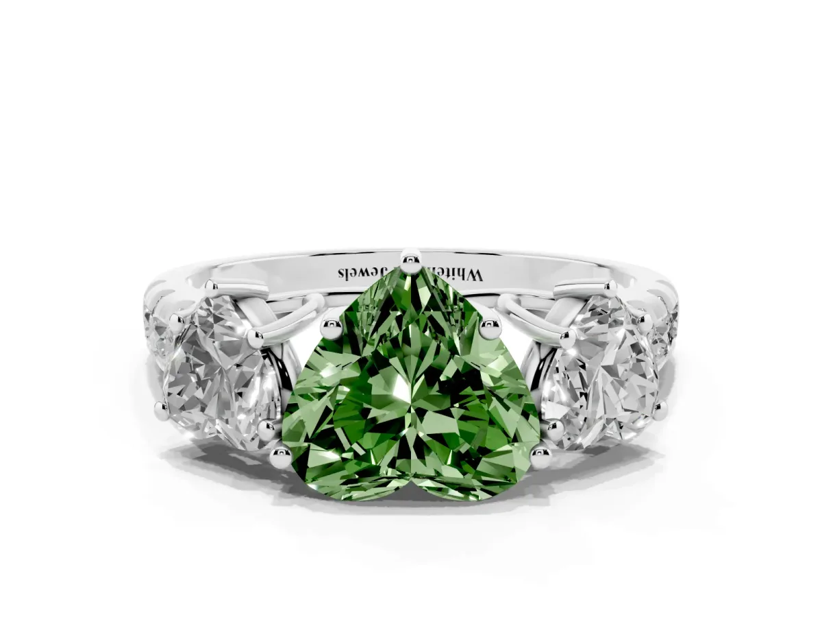 Fancy Green Three-Stone Heart Cut Diamond Pavé Band with Prong Setting Silver