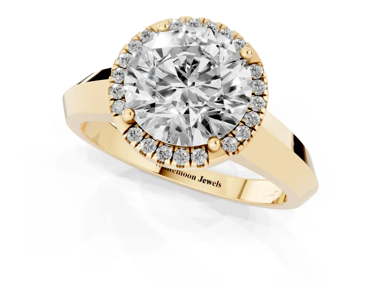 Round Cut Halo Diamond Ring with Cathedral Band and Four-Prong Setting Yellow gold