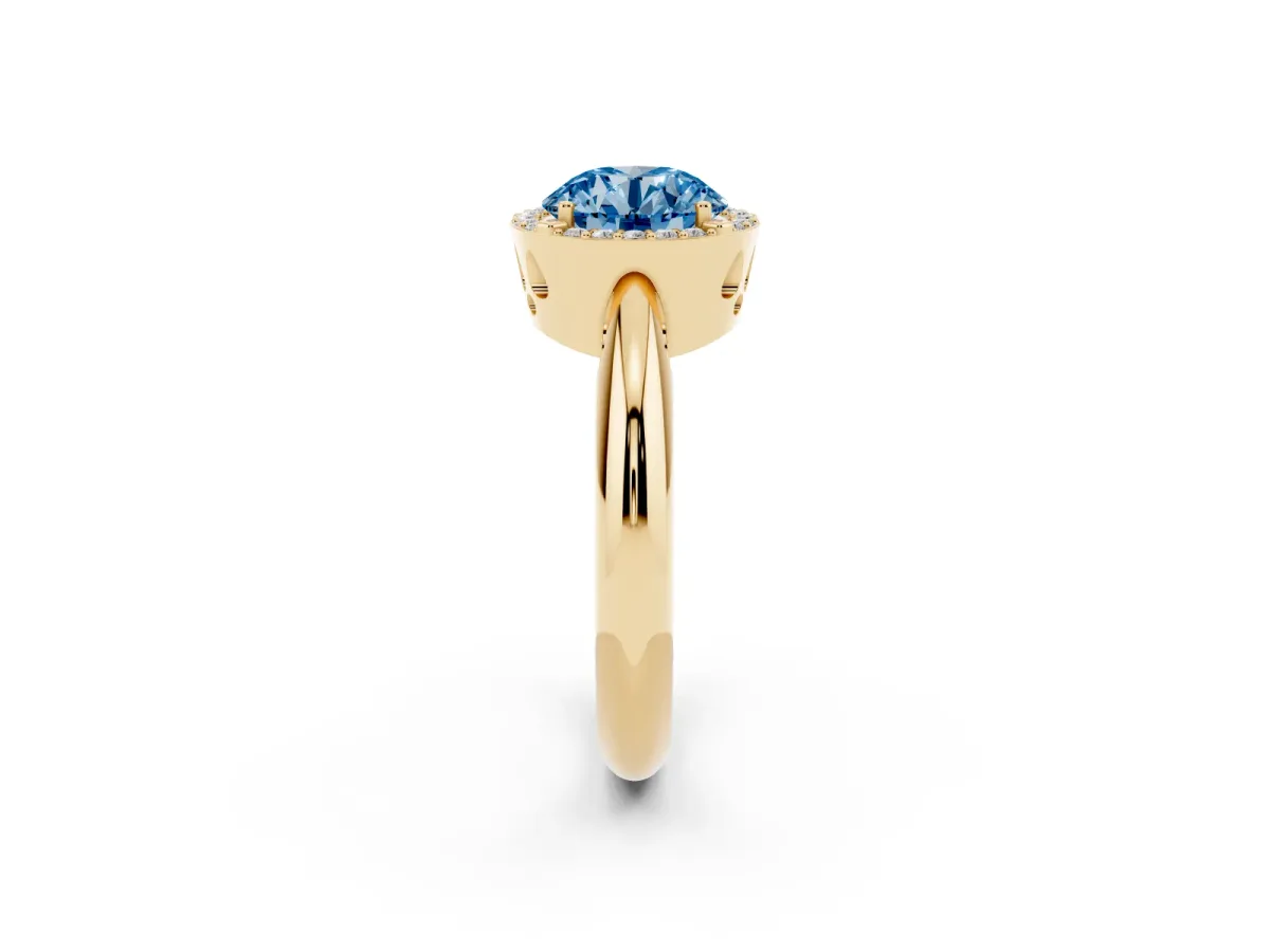 Fancy Blue Round Cut Cut Diamond Halo Engagement Ring with Split Shank and Four-Prong Setting Yellow gold