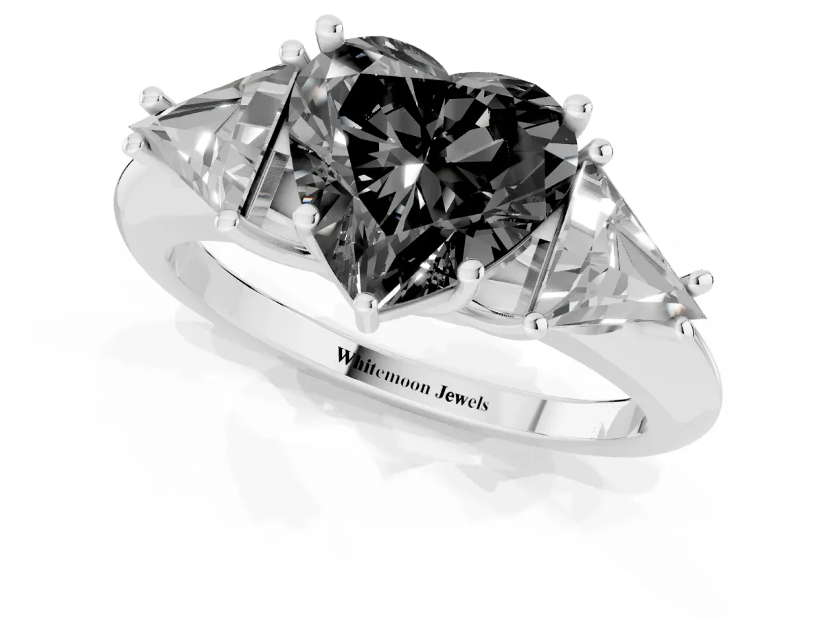 Fancy Black Three-Stone Heart Cut Diamond Engagement Ring with Trillion Side Stones and Prong Setting Silver