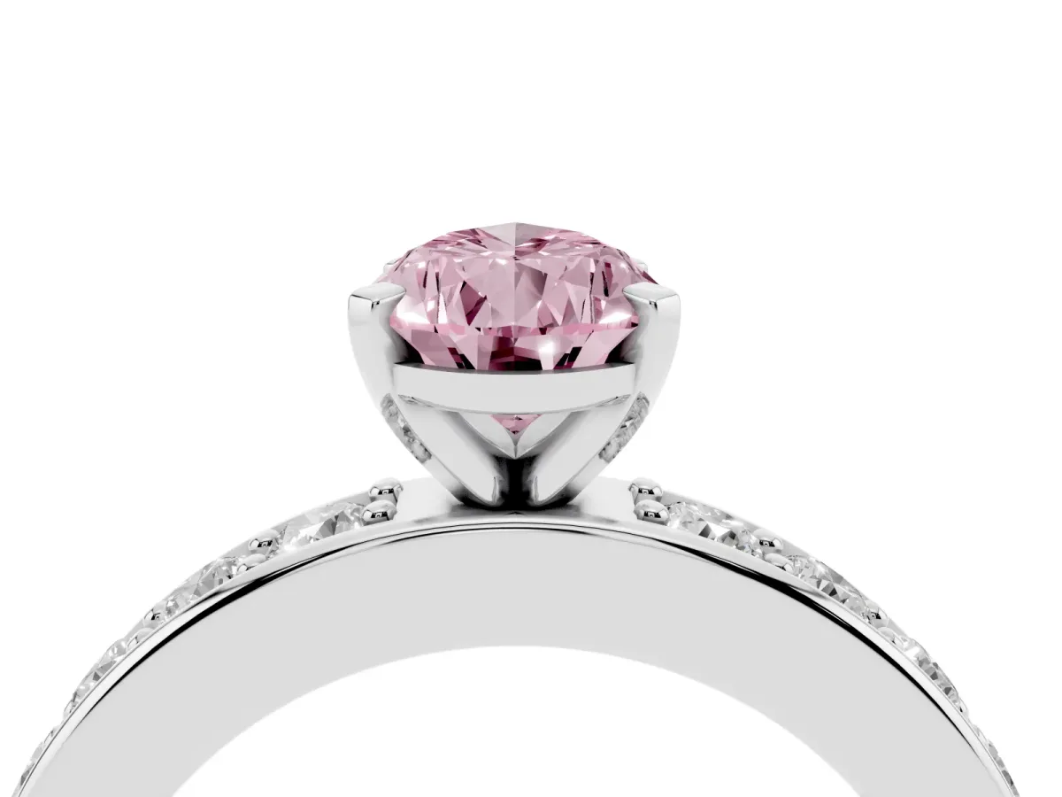 Fancy Pink Pear Cut Diamond Engagement Ring with Channel Set Round Band and Prong Setting Silver