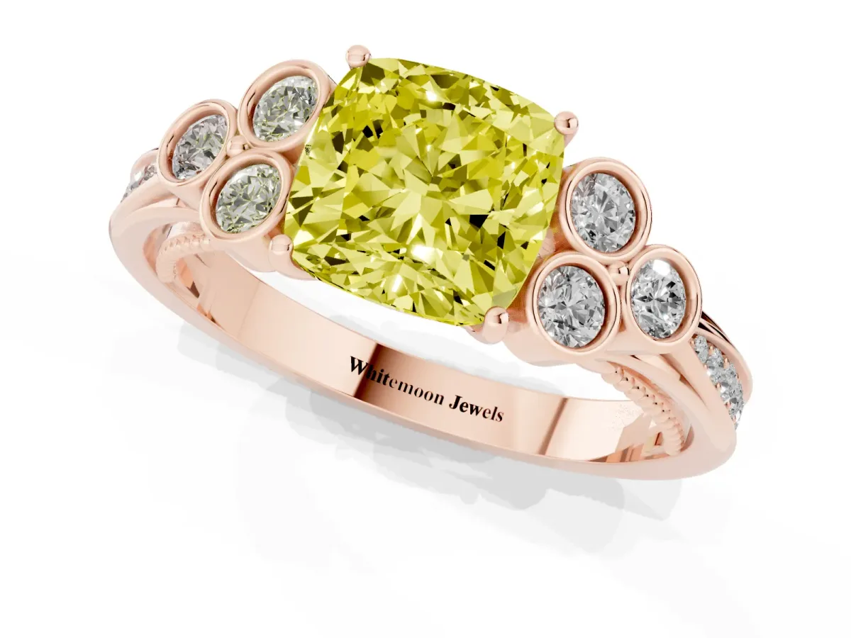 Fancy Yellow Cushion Cut Cut Diamond Engagement Ring with Bezel Set Round Side Stones and Prong Setting Rose gold