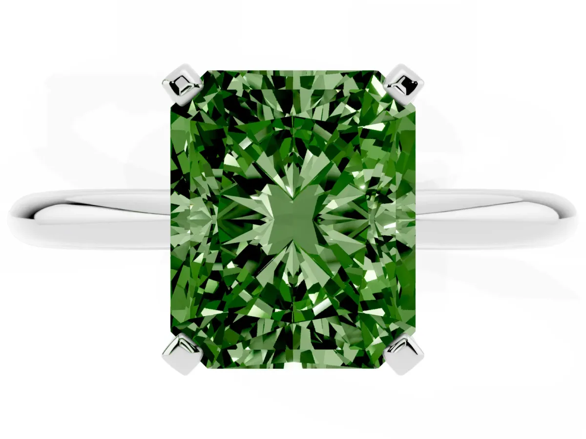 Fancy Green Radiant Cut Diamond Solitaire Ring with Prong Setting and Classic Band Silver