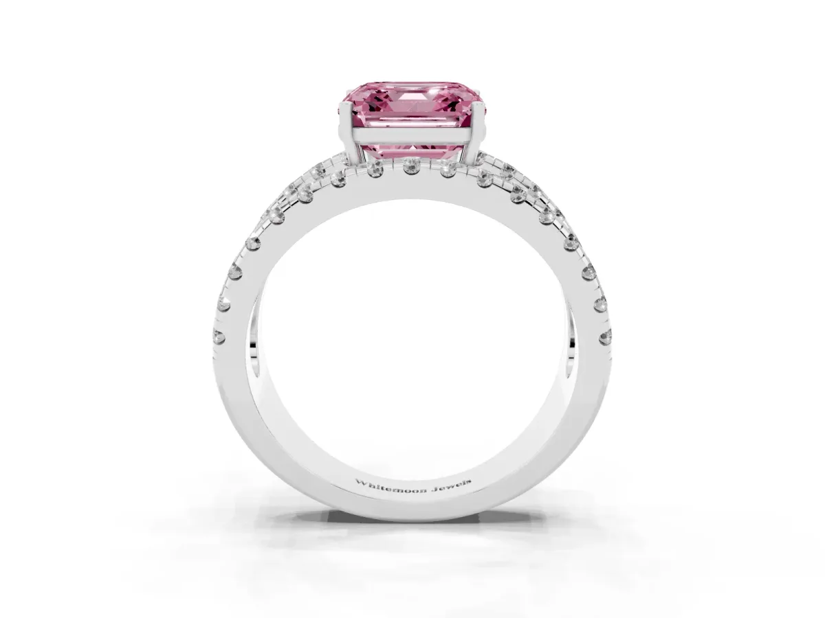 Fancy Pink Asscher Cut Solitaire Split Shank Pave Diamond Ring Platinum