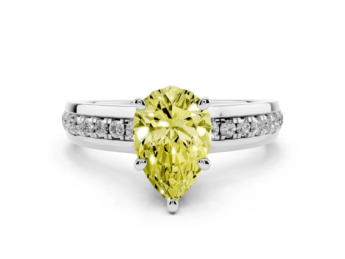 Fancy Yellow Pear Cut Solitaire Diamond Ring with Channel Set Band and Six-Prong Setting Silver