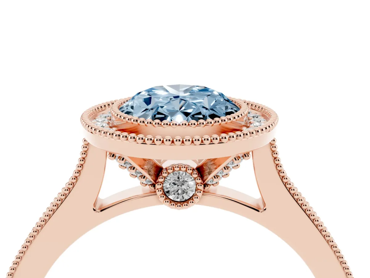 Fancy Blue Halo Oval Cut-Cut Diamond Pave Band Milgrain Prong Setting Ring Rose gold