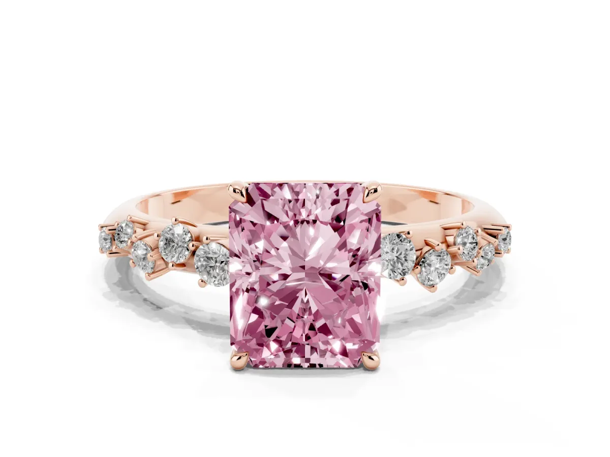 Fancy Pink Radiant Cut Diamond Cluster Side Stone Solitaire Ring with Prong Setting Rose gold