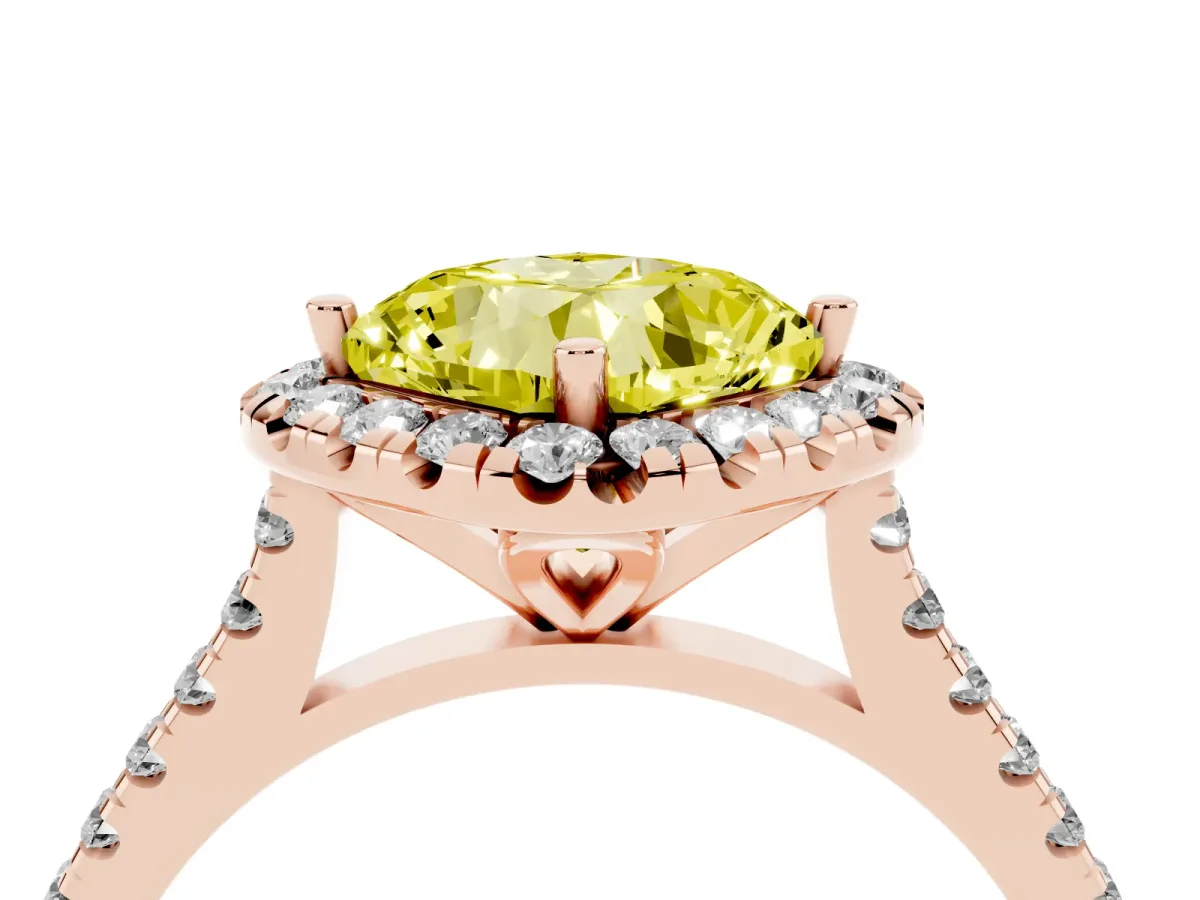 Fancy Yellow Cushion Cut Diamond Cushion Halo Ring with Pavé Band Rose gold